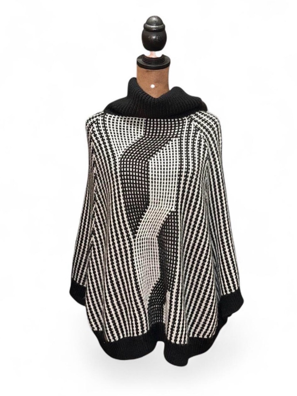Black White Poncho Calvin Klein Knit Mod 1960s Sweater with Cowl Neck